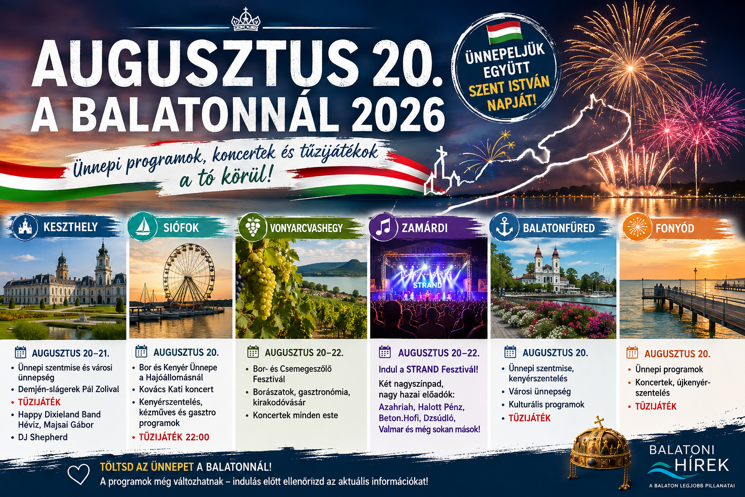 Augusztus 20. a Balatonnál 2026 – programok, koncertek és tűzijátékok a tó körül