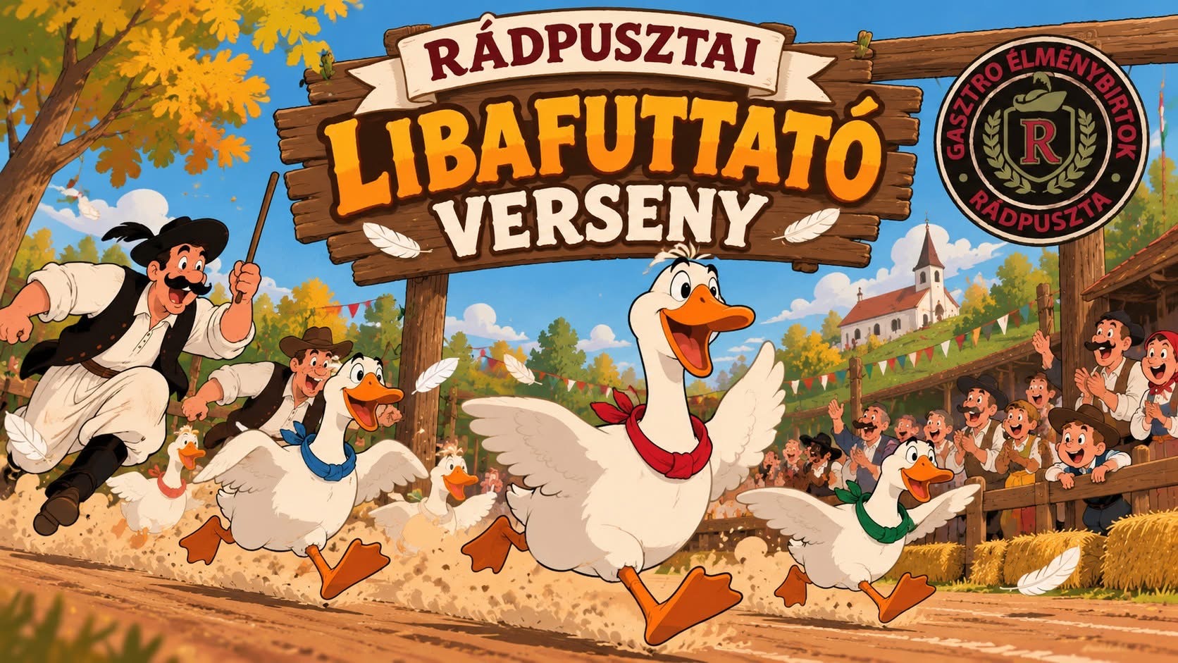 A 2026. november 14-i rádpusztai libafuttató verseny hivatalos plakátja, futó libák illusztrációjával.
